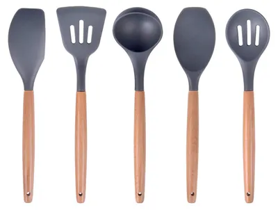 Image de Ensemble de 5 ustensiles de cuisine en silicone avec manche en bois