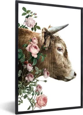 Produktbild von MuchoWow® MuchoWow® Gerahmtes Poster Schottisches Hochlandrind - Blumen - Rosa 40x60 cm - Poster mit zchwarzem Bilderrahmen - Papierdruck - Wandbilder