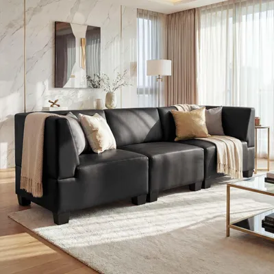 Produktbild von Modular 3-Sitzer Sofa Couch Moncalieri, Kunstleder  schwarz, hohe Armlehnen