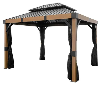 Produktbild von Sojag Alu Pavillon Fontana 1012 Hardtop Pavillon mit Moskitonetz Holzoptik/Schwarz 298x363x310 cm