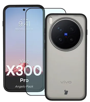 Produktbild von Schutzhülle + gehärtetem Glas für Vivo X300 Pro, Bizon Angelo Pack, Getönte mit schwarzem Rahmen