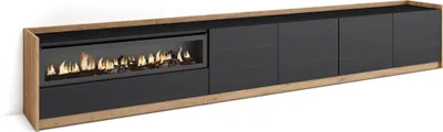 Image de Meuble TV, Banc Télé, Grand espace de Rangement, 310x37x50cm, Pour les TV jusqu'à 80", Cheminée électrique, Noir et chêne