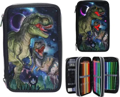 Produktbild von Depesche Dino World Galaxy - Gefüllte 3-Fach Federtasche, mit Dinosaurier Motiv und LED-Lichtern, Federmappe mit Buntstiften, Lineal, Schere uvm.