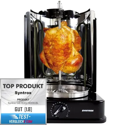 A rotisserie grill with a cooked chicken on the spit, and a product review badge in the lower left corner.