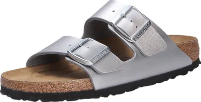 Produktbild von Birkenstock Pantoletten Silber, schmales Fußbett, Birko-Flor, anatomisch geformtes Kork-Latex-Fußbett, wasserfest, thermoaktive Oberfläche, 1012283