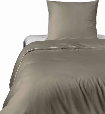 A close-up view of a beige taupe bed linen set, including a duvet cover and pillow, on a white background.