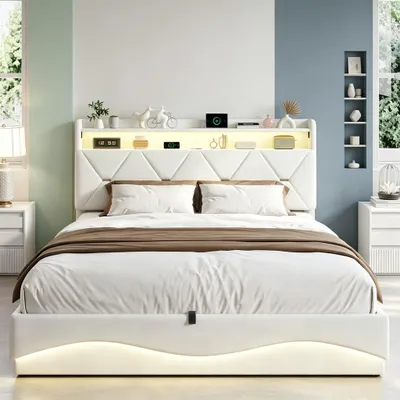 Produktbild von INONEFT Polsterbett 160x200cm mit LED & USB, Hydraulisches Stauraumbett mit Lattenrost, Modernes Boxspringbett für Schlafzimmer, Samt, Beige