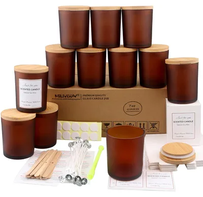 Productafbeelding van 12 Stuks Frosted Amber Glazen Kaarsenpotten met Lids