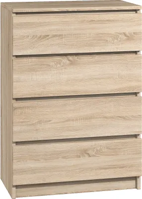 A front view of a light brown wooden chest of drawers with four drawers.