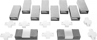 A collection of rectangular metal modules and white cross-shaped plastic connectors arranged on a white background.
