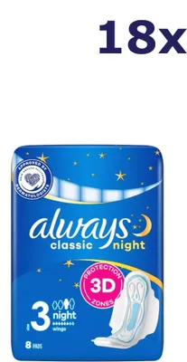 Produktbild von 18 x Always Damenbinden Classic, 8 Stück, Nacht, mit Flügeln, Größe 3