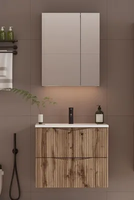 Produktbild von Badmöbel-Set 2-teilig mit 60 cm Waschtisch & Spiegelschrank in Eiche mit gerillter Front - CALURI-140