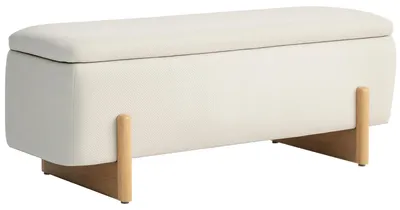 Image de Banc avec rangement - Banc rembourré - 111 x 44 x 44,5 cm - Aspect lin - Pieds en bois - Beige