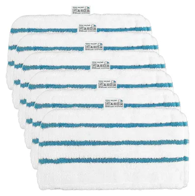 A stack of six white microfiber mop pads with blue stripes.