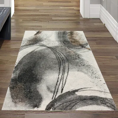 Imagen del producto de Alfombra moderna abstracta para sala de estar, con motivos circulares en tonos crema y gris. Tamaño: 80x150 cm