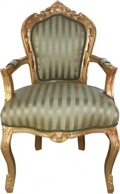 Produktbild von Casa Padrino Barock Esszimmer Stuhl Grün / Creme Streifen / Gold mit Armlehnen - Antik Möbel