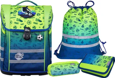 A collection of school supplies with a football theme.