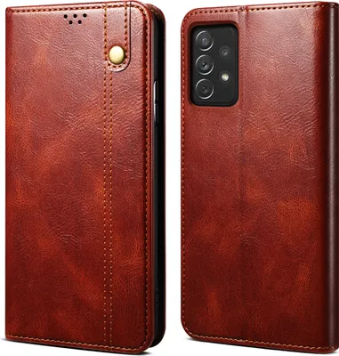 A brown leather flip wallet phone case is shown from two angles.