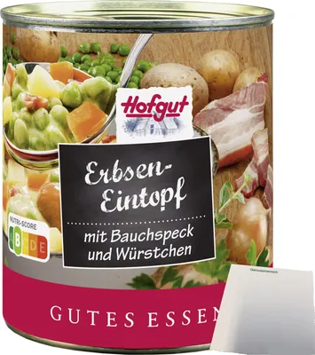 Produktbild von Hofgut Erbseneintopf mit Bauchspeck & Würstchen (800g Dose) + usy Block