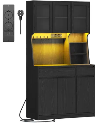 Image de Armoire de cuisine - Buffet - Avec prises électriques - Éclairage LED - Plan de travail - 2 tiroirs - Étagères réglables - Bois - Noir