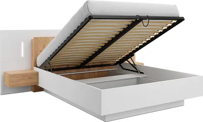 Produktbild von Bett mit Kommode und Nachttischen 160 x 200 cm - 2 Schubladen - Mit LED-Beleuchtung - Farben: Weiß und natur - FRANCOLI