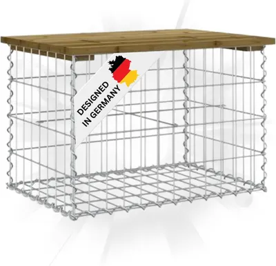 Produktbild von DELUKE® Gartenbank Gabionen BIKS aus Stahl | 63x44x42cm Kiefernholz Braun | Gabionenbank Gartentisch aus Gabionen Steinkorb Gabionengitter Ziergabione Drahtkorb befüllbar
