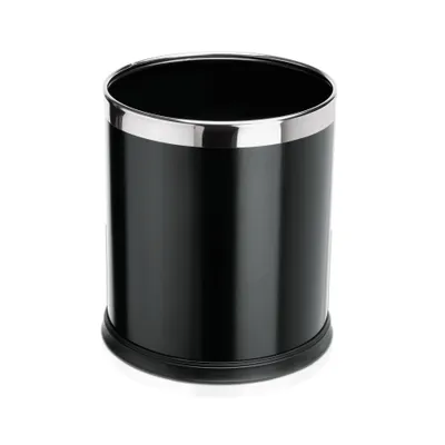 A black waste bin with a silver rim, shown against a white background.