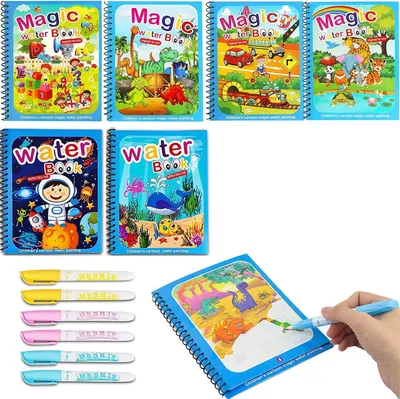 Zdjęcie produktu dla Książeczka do malowania wodą dla dzieci, zestaw 6 sztuk, magiczna książeczka do kolorowania dla dzieci, wielokrotnego użytku, książeczka do malowania wodą z 6 magicznymi pisakami