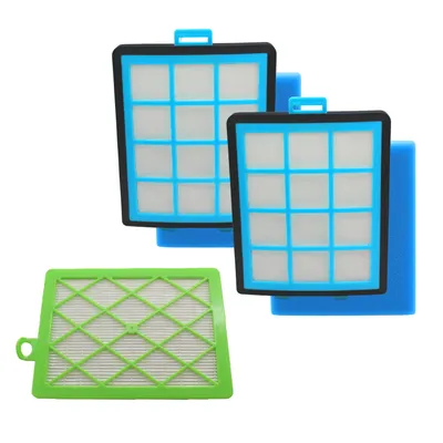 Three vacuum cleaner filters are displayed on a white background. Two blue-rimmed filters are stacked behind a green-rimmed filter.