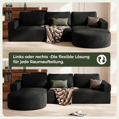 Obrázek produktu pro Rohová pohovka Cord, 265 cm, rozkládací pohovka ve tvaru "L" s zaoblenou částí, možnost umístění částe vlevo nebo vpravo, černá barva