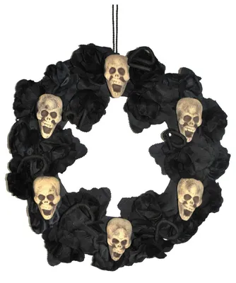 Produktbild von Dekorativer Halloween Kranz mit schwarzen Rosen & Totenschädeln