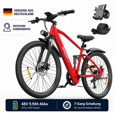 Produktbild von PiXELPiLOT T8S E Bike, Trekking E-Bikes Doppelte Federung, 250W Pedelec, 48V Akku, Shimano 7-Gang, LED-Licht, LCD Display