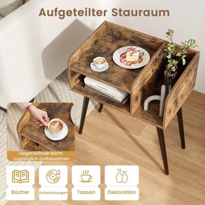 Obrázok produktu pre Nočný stolík príručný stolík s otvorenou priehradkou rozkladací stolík s kovovými podpernými nohami 50 x 32 x 58 cm rustikálna hnedá 1 kus