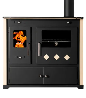 A front view of a wood-burning stove with a glass door showing flames, an oven with a glass door, and storage drawers below.