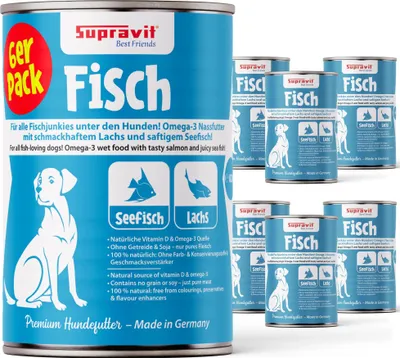 Produktbild von Supravit Hundenassfutter mit Fisch & Lachs 6 x 820g Dosen | Nassfutter getreidefrei & ohne Soja