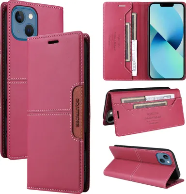 Image de Etui pour iPhone 15, étui portefeuille en cuir avec fente pour cartes et support Rouge