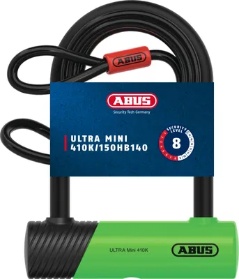Produktbild von ABUS Bügelschloss 410K Ultra für Fahrrad und E-Scooter - handliches und robustes Fahrradschloss mit praktischer Halterung zum Transport - Fahrrad-Zubehör - Variante 150HB140 - 140 mm hoher Bügel - Grün + Cobra 10/120 - 120 mm Seillänge