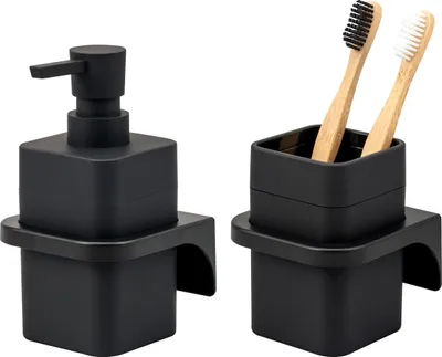 Produktbild von bremermann Bad-Accessoires Set SAVONA 2tlg. mit Soft-Touch Oberfläche, 1x Seifenspender, 1x Becher, Kunststoff schwarz