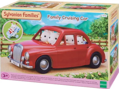 The image shows the packaging of a Sylvanian Families toy car with toy animals inside.