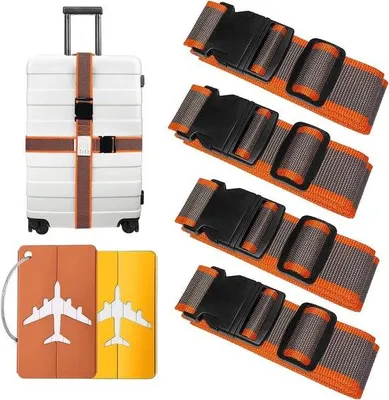 Produktbild von Set aus 4 Gepäckgurten mit 2 Kofferausweisen und robusten Reimgurten für schwere Gepäckstücke (braun-orange gestreift)