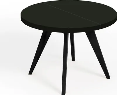 A black round dining table with three legs on a white background.