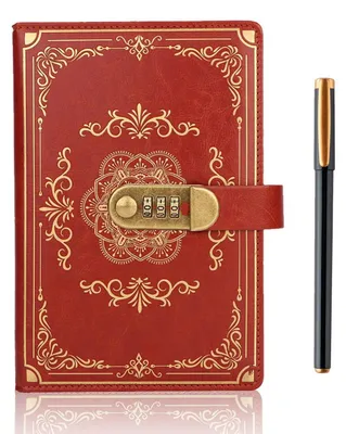 Obrázek produktu pro Zápisník s zámkem, formát A5, vintage design, Imitace kůže, motiv kompasu, 200 linkovaných stran, číselný zámek, barva hnědá, včetně pera