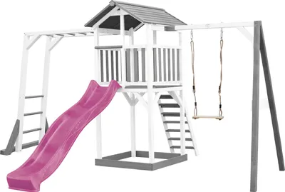 Produktbild von AXI Beach Tower Spielturm aus Holz in Weiß & Grau | Spielhaus für Kinder mit lila Rutsche, Klettergerüst, Schaukel und Sandkasten | Stelzenhaus für den Garten