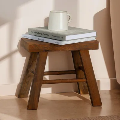 Produktbild von Sitzhocker ROSAL Dunkelbraun - Hocker aus Paulowina Holz mit rechteckiger Form, Tritthocker mit 4 Füßen und Querbalken, kleiner Dekohocker für Pflanzen