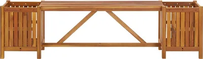 A wooden console table with two planter boxes on either side, shown against a white background.