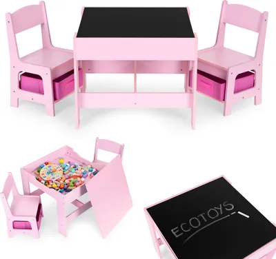 Obrázok produktu pre Detský nábytok set stôl + 2 stoličky tabuľa ružová ECOTOYS