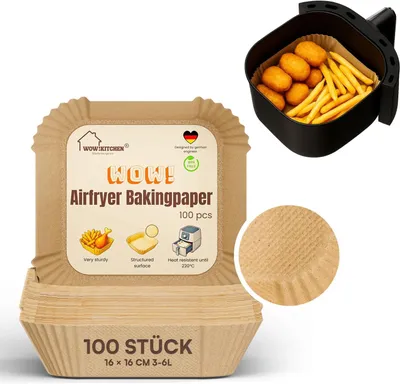 Obrázok produktu pre Papier na pečenie 100 kusov, 16x16 cm, nepriľnavý, pre teplovzdušnú fritézu