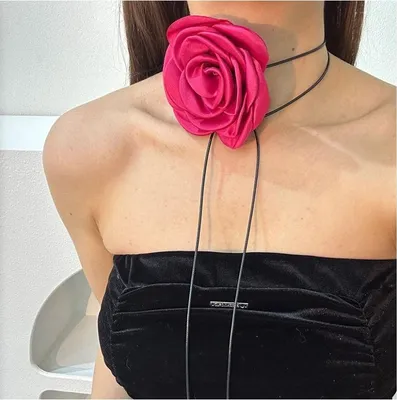 Zdjęcie produktu dla Flamenco Mystique Naszyjnik choker XL ozdobny kwiat na szyję róża na sznurku elegancka fuksja N761F