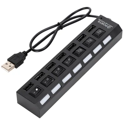 Produktbild von 7-Port Hub USB Dockingstation Schwarz 480mbps mit Schalter für Überlaststromschutz