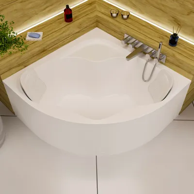Image de ECOLAM Baignoire d'angle SELMA 150 x 150 cm + tablier + 2 oreillers Mare Garniture d'écoulement Alcaplast
